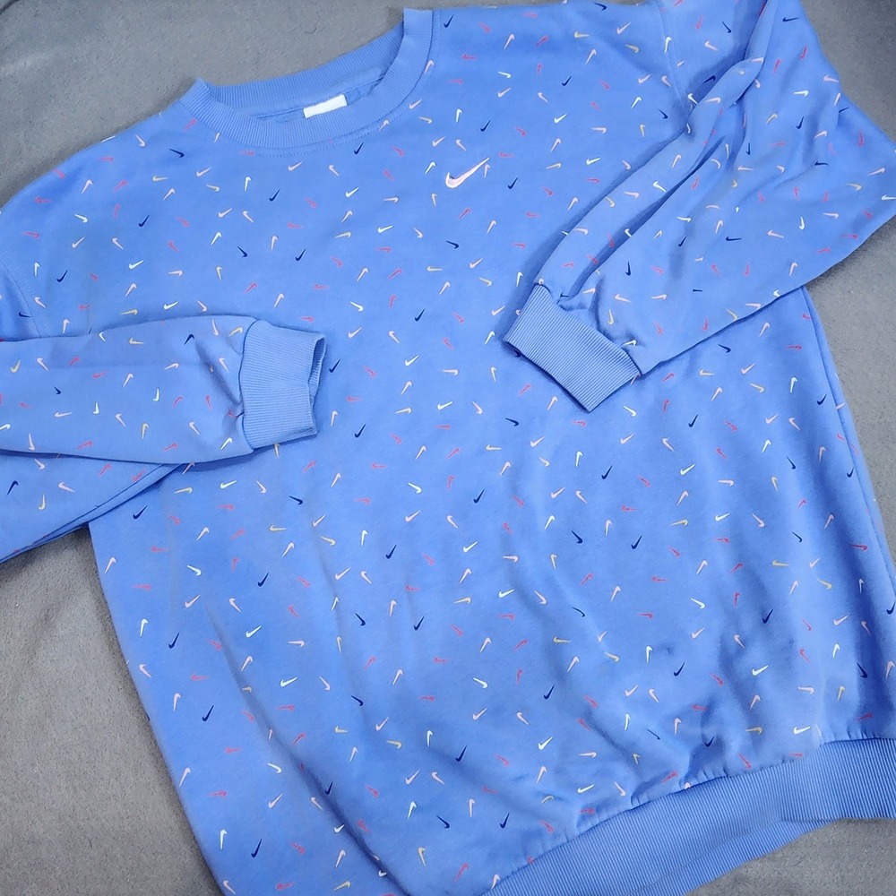 Nike Sweatshirt Light Blue All Over Micro Swoosh Print‎ Crewneck Women's XL
